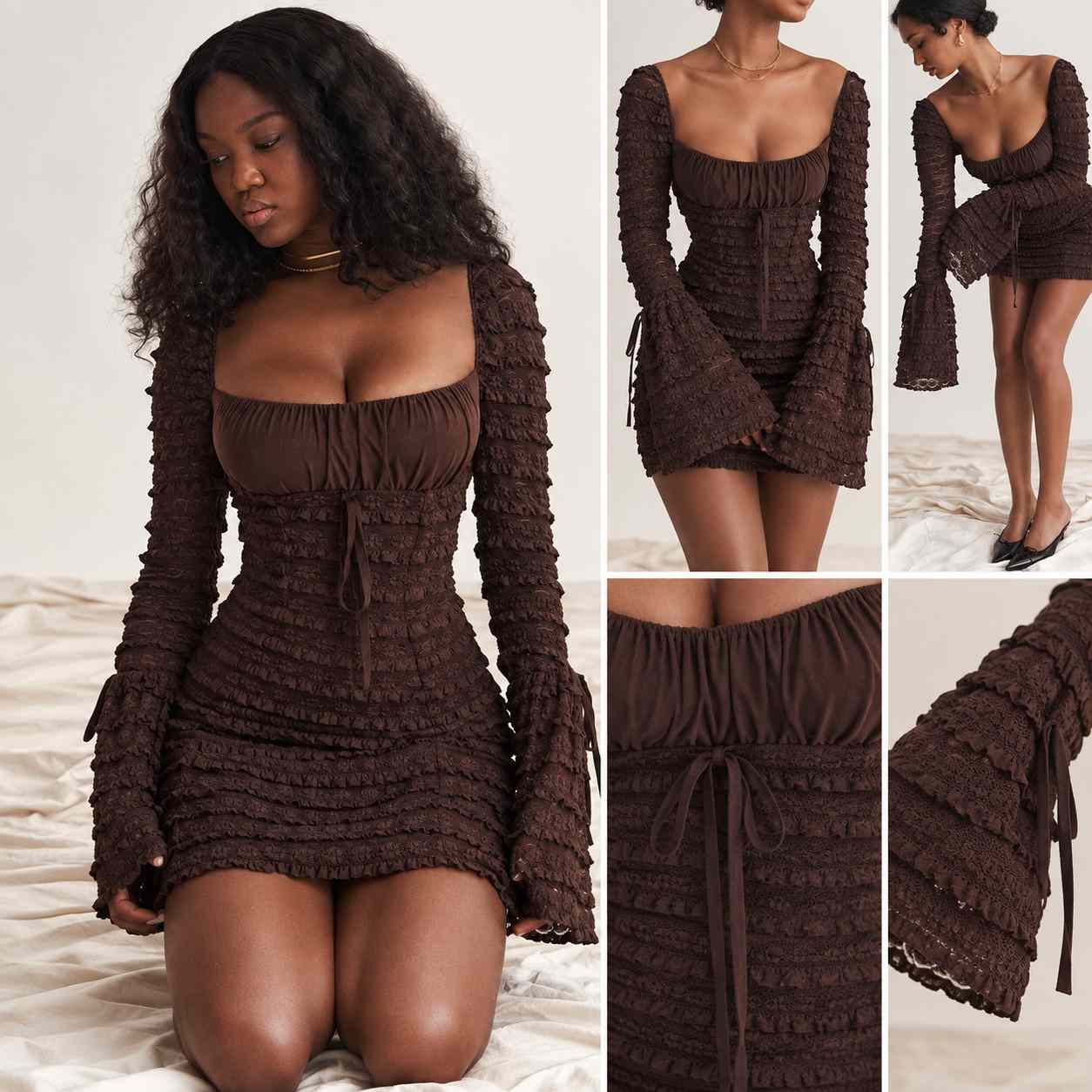 Women’s Floral Lace Mini Dress – Drawstring Tie Detail Flare Sleeve Club & Party Dress